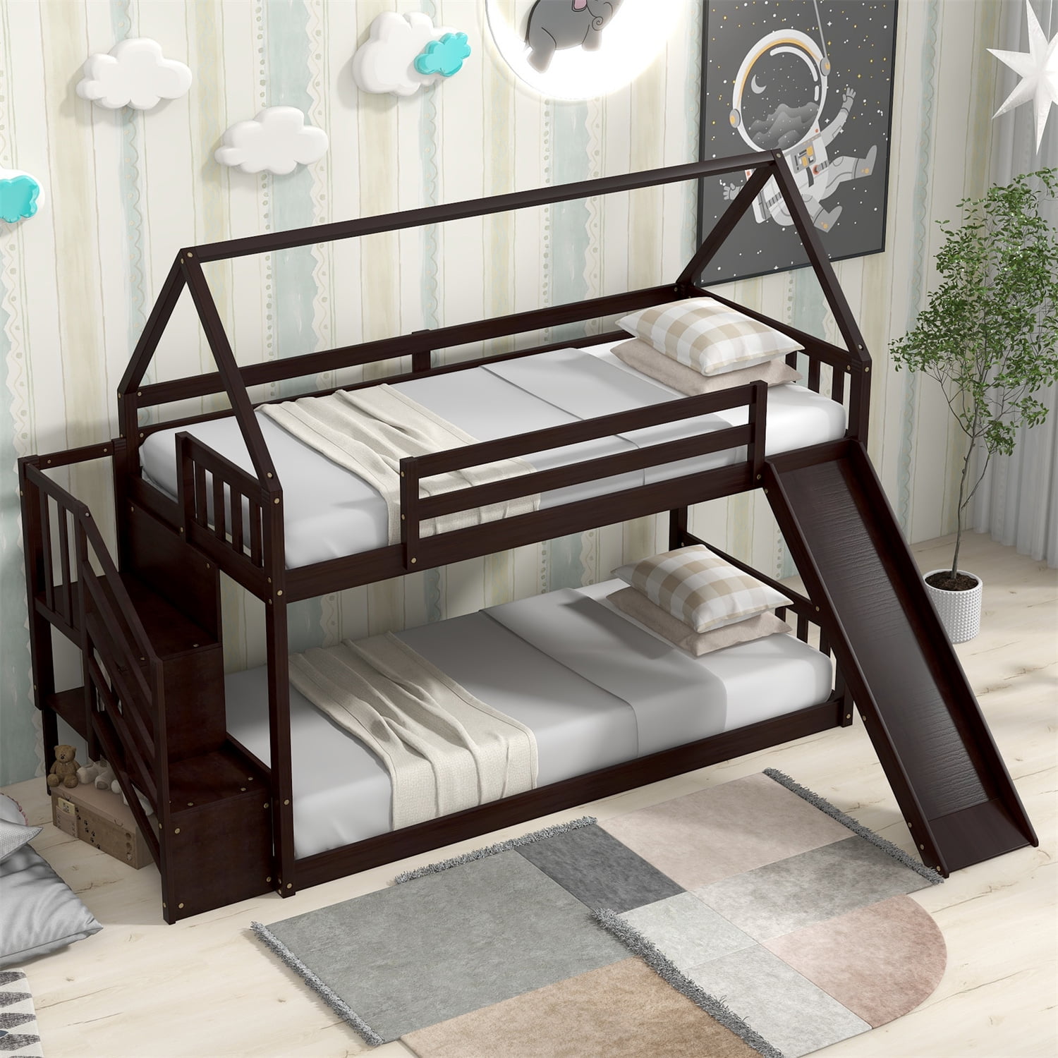 House Bunk Bed with Slide and Storage Staircase, Twin over Twin Floor
