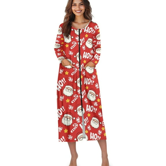 Xoenoiee Santa Claus Candy Star Print Women's Zipper Front Robes Christmas Long Sleeve Nightgown Round Neck Sleepwear Xmas Full Length Pajama Dress with Pockets Loungewear, 2XL