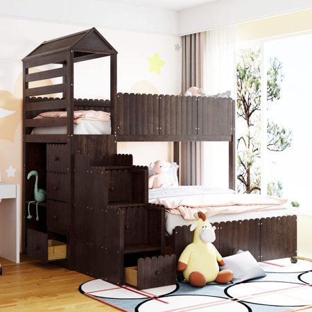 House Bunk Bed with Stairs, Bunk Bed Twin Over Full with 7 Storage Drawers, Wood Bunk Bed with Two Shelves and Separate Platform Bed for Girls Boys, Espresso