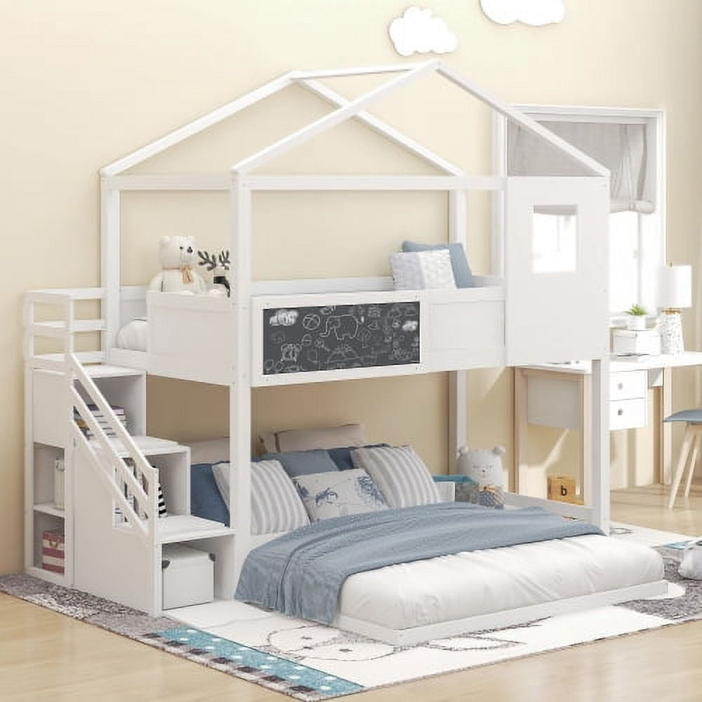 House Bunk Bed with Storage Staircases and Blackboard, Wood Kids L