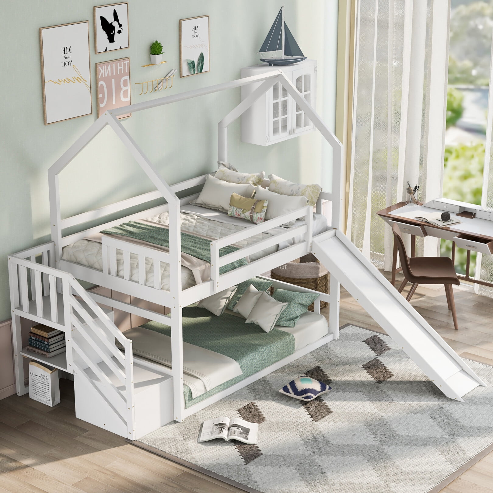 House Bunk Bed Twin over Twin with Convertible Slide and Storage ...