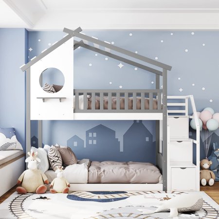 House Bunk Bed Twin Over Twin Size, Wood House Bed with Stairs, Low Bunk Bed with 3 Drawers, Roof, Window, Guardrail for Girls Boys, Gray Bed and White Stair