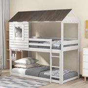 House Bunk Bed Twin Over Twin, Wood House Bed with Ladder, Low Bunk Bed with Roof, Window, Guardrail for Girls Boys, Antique White