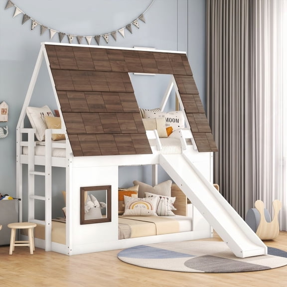 House Bunk Bed in White+Brown with Roof, Ladder & Slide for Twin Size