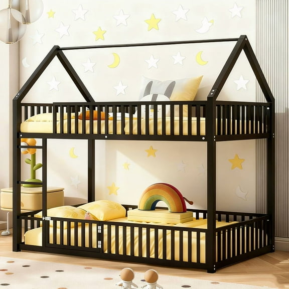 House Bunk Bed with Fence and Door, Metal Low Twin Over Twin Bunk Beds with Roof, Floor Bunk Loft Bed Frame,Black