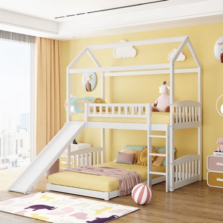 House Bunk Bed with Slide, Twin Over Twin Bunk Beds with Roof and Guardrail for Kids, No Box Spring Needed