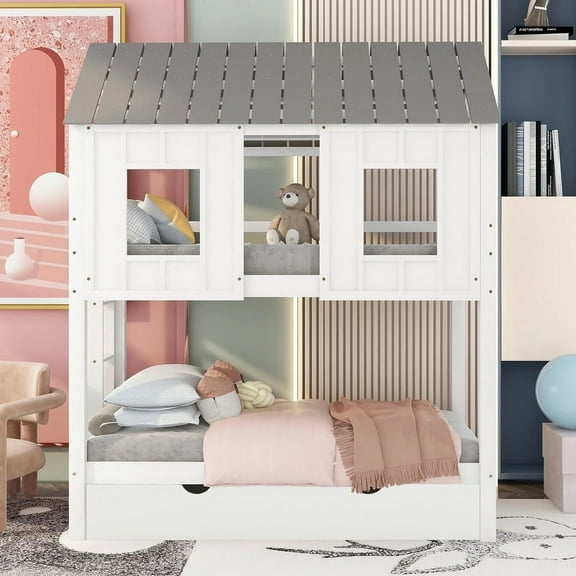 House Bunk Bed with Trundle, Bunk Bed Twin Over Twin with Roof and Windows, Wood Floor Bunk Beds Frame for Teens, No Box Spring Needed（White)