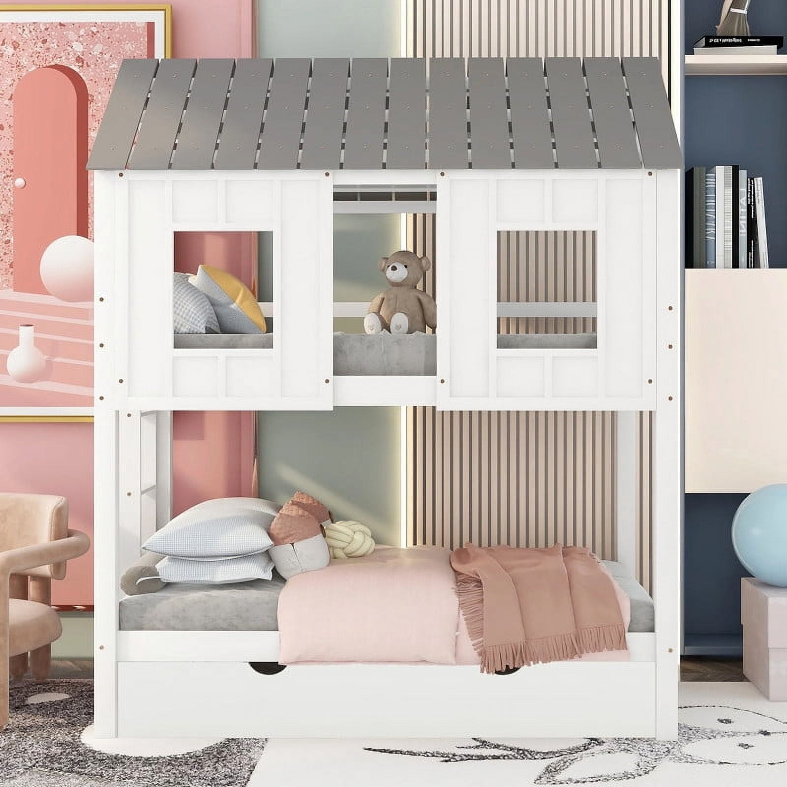 House Bunk Bed with Trundle, Bunk Bed Twin Over Twin with Roof and ...