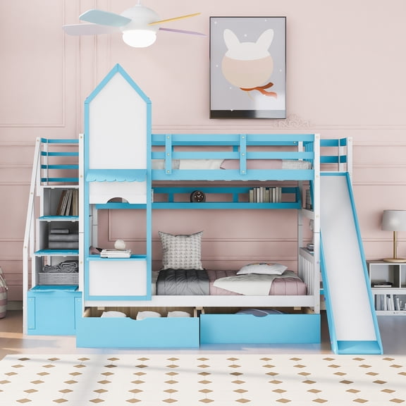 House Bunk Beds with 2 Drawers 3 Shelves, Slide and Stairway, Solid Wood Bunk Bed with Storage Stairway and Guard Rail for Bedroom (Blue,Twin Over Twin)