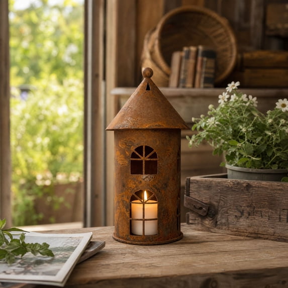 House Candle Holder, Metal Lantern Decor, Hollow House Shaped Candle Stand for Mantels Dining Tables Covered Patios, Lightweight Metal Accent for Flexible Display