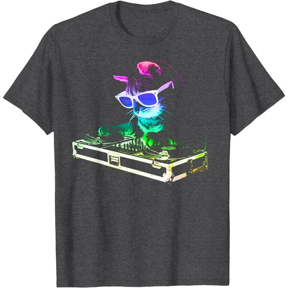 House Cat DJ Funny Kitty Playing Music Softstyle Unisex T-Shirt,Dark Heather Grey Color,Size L