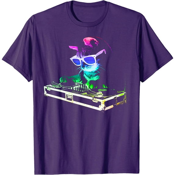 House Cat DJ Funny Kitty Playing Music Softstyle Unisex T-Shirt,Purple Color,Size YS