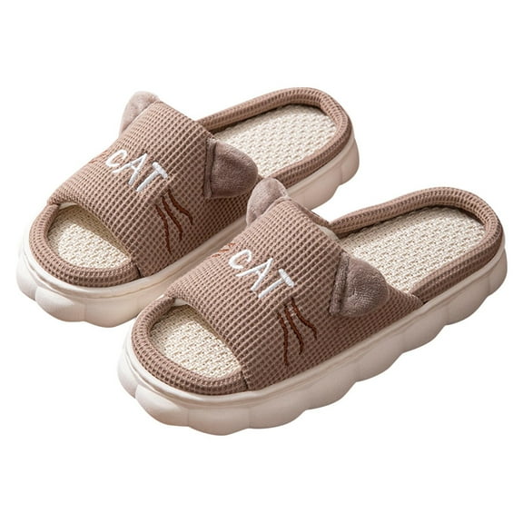 House Cat Ears Slippers for Women, Open Toe Non-Slip Indoor Outdoor Slide, Soft-Soled Linen Slippers, Silent Home Slippers