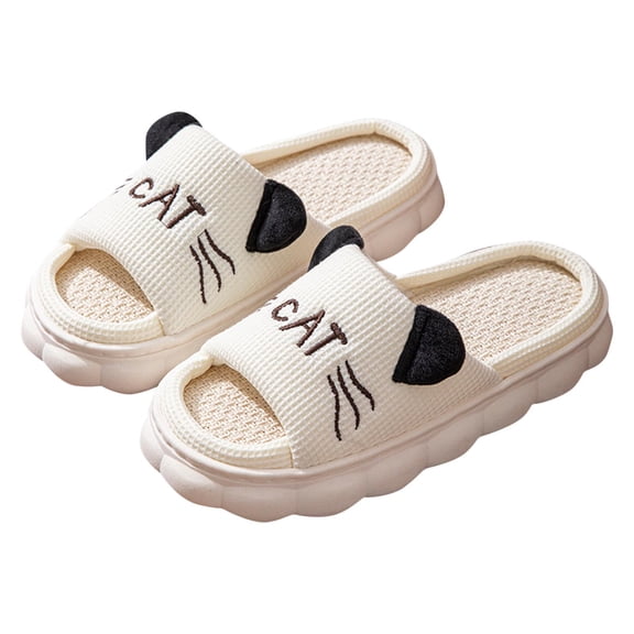 House Cat Ears Slippers for Women, Open Toe Non-Slip Indoor Outdoor Slide, Soft-Soled Linen Slippers, Silent Home Slippers