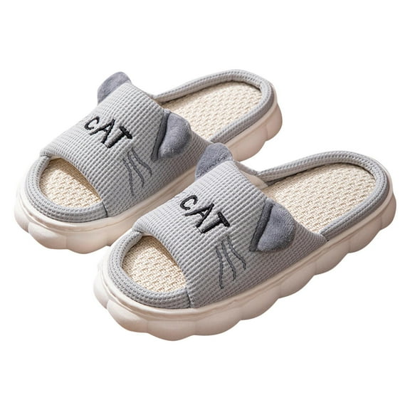 CHUMUD House Cat Ears Slippers for Women, Open Toe Non-Slip Indoor Outdoor Slide, Soft-Soled Linen Slippers, Silent Home Slippers