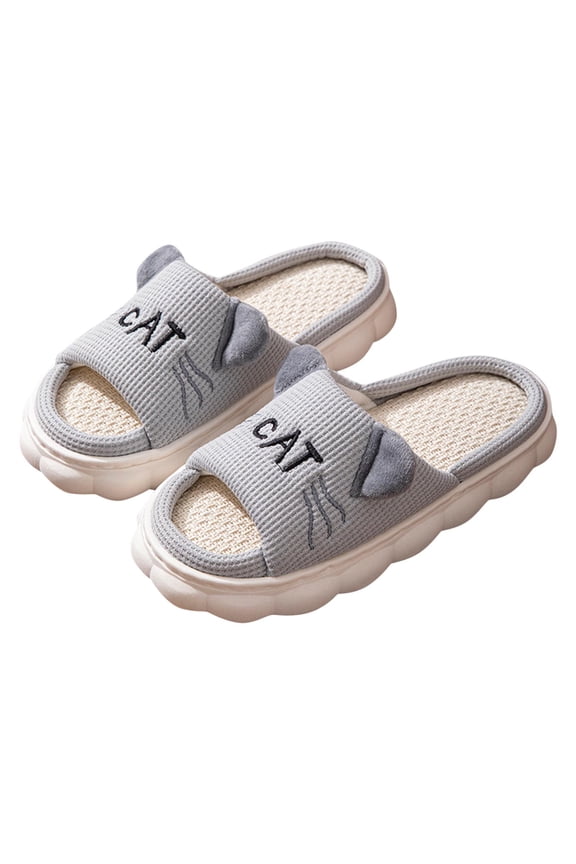 House Cat Ears Slippers for Women, Open Toe Non-Slip Indoor Outdoor Slide, Soft-Soled Linen Slippers, Silent Home Slippers