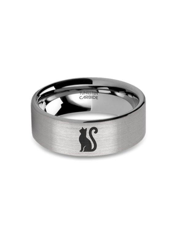 House Cat Sitting Silhouette Silver Tungsten Wedding Band, Brushed, 8mm, Size 10