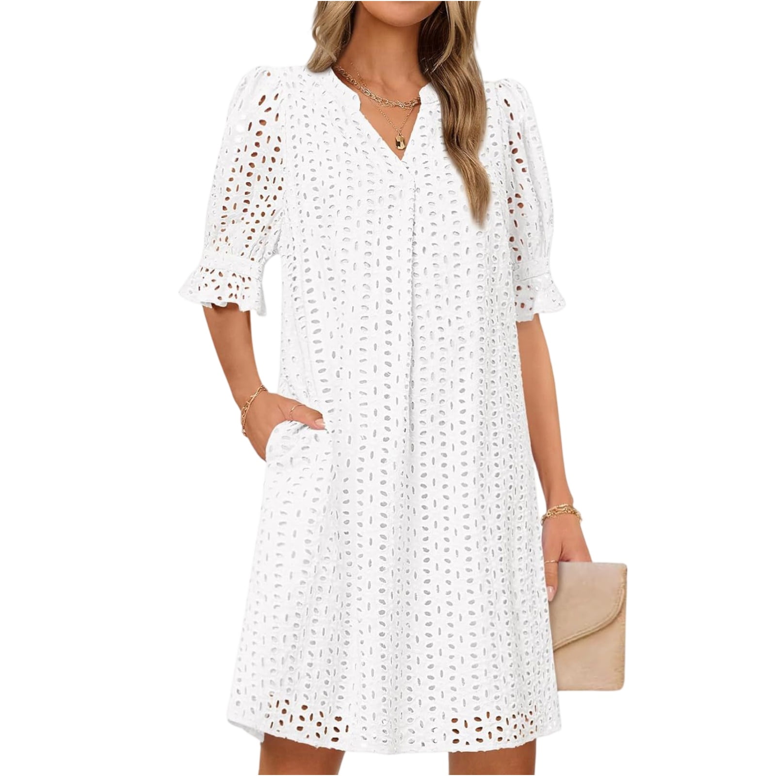 House Of Cb Dress, Eyelet Casual V Neck Hollow Lace Boho Midi Dress Loose  Wedding Guest With Elegant Trim For Beach Graduation Dress Summer Women  2025 Dresses Work Denim (S, White) ZMTing -