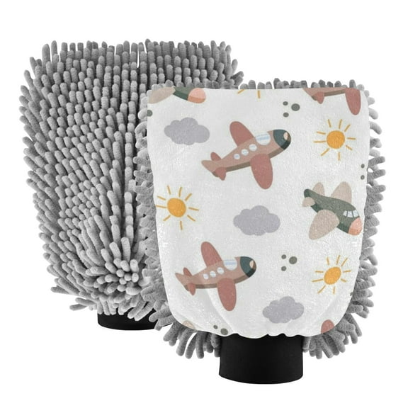 House Cleaning and Car Wash Mitts, Home Dusting Microfiber Gloves, Washing Clean Polish Faster (2-Pack）Machine washable. Cute Air Plane