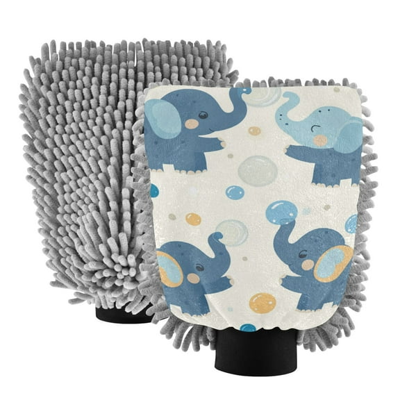 House Cleaning and Car Wash Mitts, Home Dusting Microfiber Gloves, Washing Clean Polish Faster (2-Pack)Machine washable. Elephants Play Bubbles
