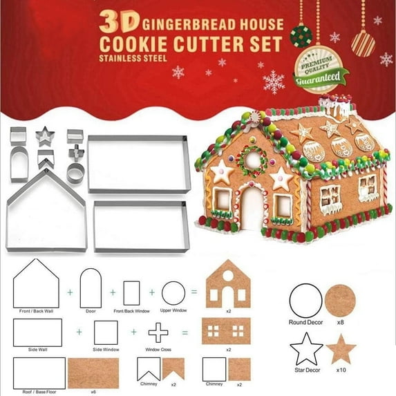 House Cookie Cutter Set, 10Pcs 3D Christmas Gingerbread House Cookie Cutter Set, NOGIS Gingerbread House Kit DIY Baking Pastry Stainless Steel Mold for Holiday Party with Gift Box