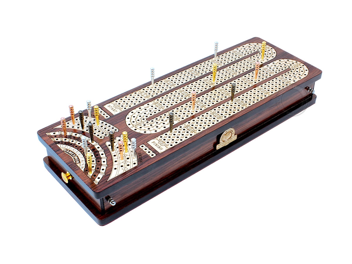 House of Cribbage - Continuous Cribbage Board / Box Inlaid Rosewood / Maple : 4 Track - Side Drawers with Score Marking Fields for Skunks, Corners and Won Games