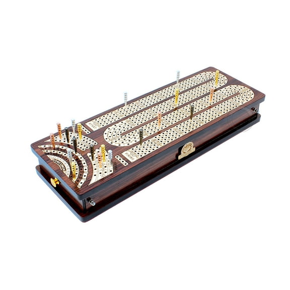 House of Cribbage - Continuous Cribbage Board / Box Inlaid Rosewood / Maple : 4 Track - Side Drawers with Score Marking Fields for Skunks, Corners and Won Games