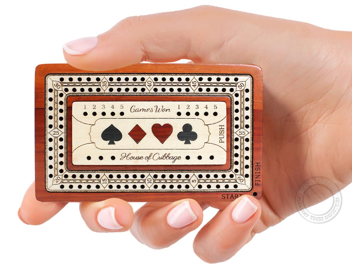 House Of Cribbage 3-Track Wooden Cribbage Board With Storage Drawer - Maple & Bloodwood Inlay