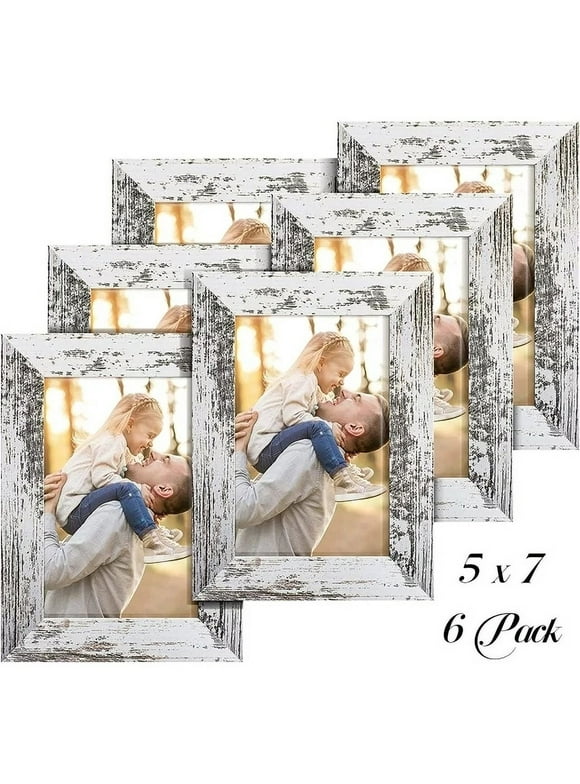 House Day 5x7 Picture Frames Set of 6 - Distressed White Farmhouse Rustic Photo Frames, Large Wall Frame Set