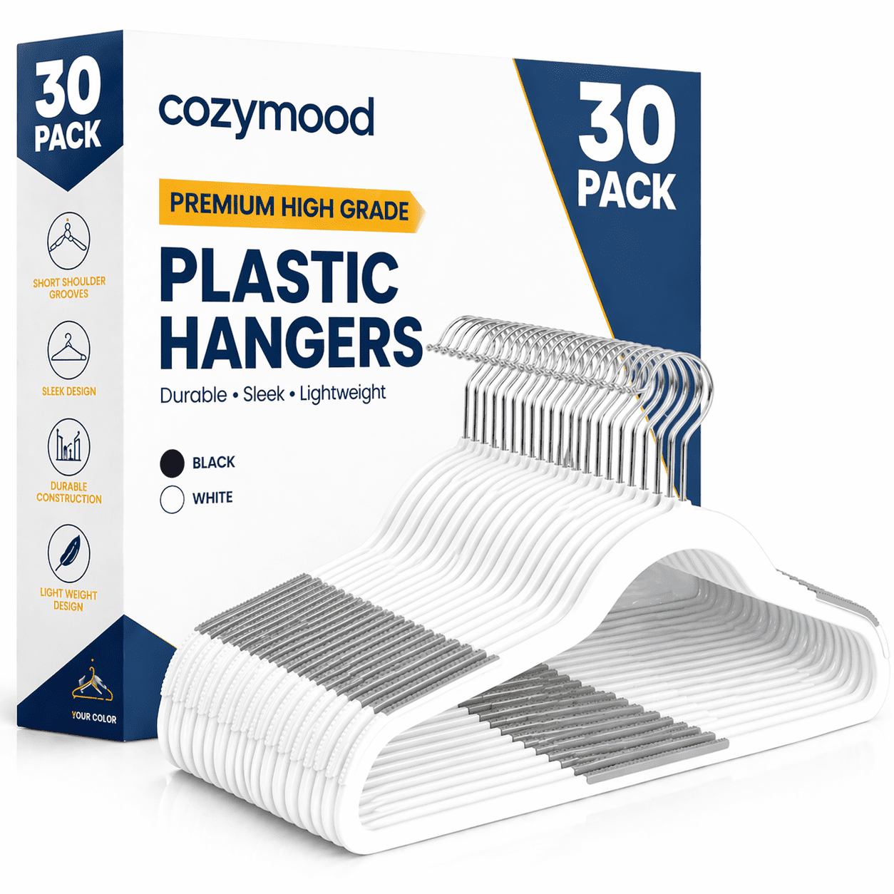 cozymood 30-Pack Clothes Hangers, Heavy-Duty Plastic Hangers Non-Slip , Sturdy Hangers Space-Saving, 360° Swivel Hook, for Coats,Pants, White & Dark Gray