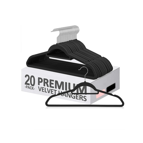 Velvet Hangers with Tie Bar 20 Pack ,Non-Slip Clothes Hangers , Standard Hangers with 360 Degree Rotatable Hook, Heavy Duty Coat Hangers(Black)