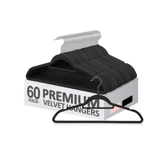 60 Pack, Velvet Hangers, Heavy Duty Clothes Hangers Ridged Non-Slip, 360-Rotating Chrome Swivel Hook, Black