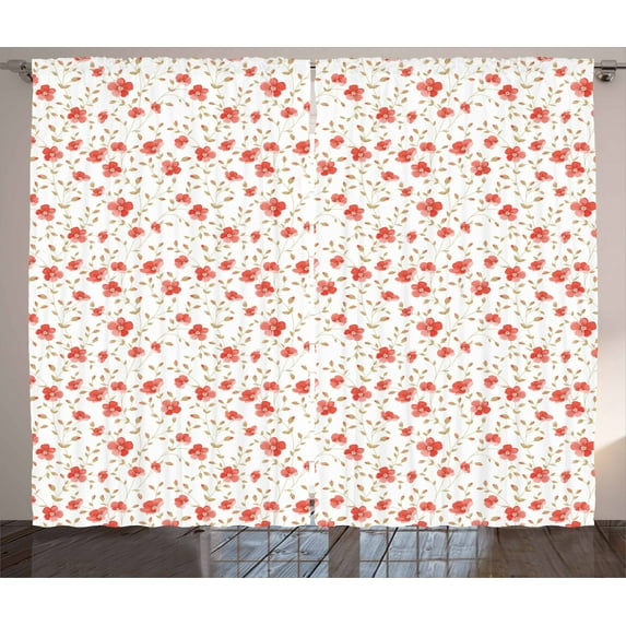 Ambesonne Vintage Curtains 2 Panel Set, Peony Flowers Blooms, 108" x 90", Dark Coral White