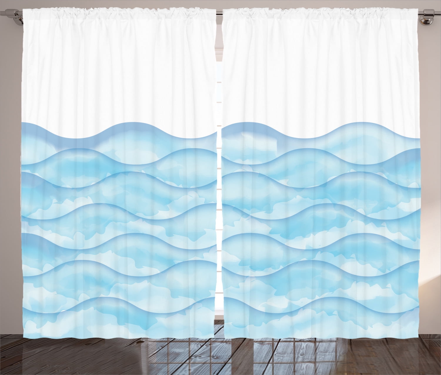 Blue and White Ocean Waves Polyester Rod Pocket Curtain Panels