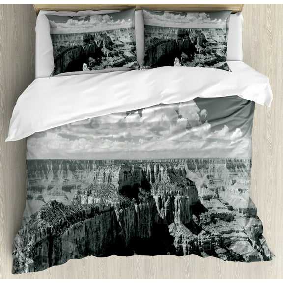 House Decor Queen Size Duvet Cover Set, Nostalgic Photo of Ethnic Finding Grand Canyon Peaks in National Park with Cloud, Decorative 3 Piece Bedding Set with 2 Pillow Shams, Grey, by Ambesonne