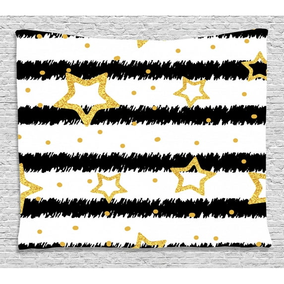 House Decor Tapestry, Golden Stars and Dots Effect on Striped Pattern Party Celebration Theme, Wall Hanging for Bedroom Living Room Dorm Decor, 80W X 60L Inches, Black White Gold, by Ambesonne