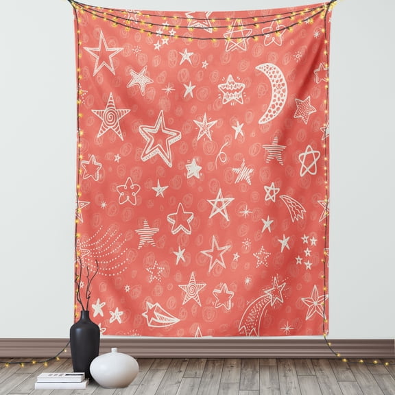House Decor Tapestry, Moon and Stars Theme Starry Night Shooting Star Space Galaxy Kids Doodle Style, Wall Hanging for Bedroom Living Room Dorm Decor, 60W X 80L Inches, Coral White, by Ambesonne