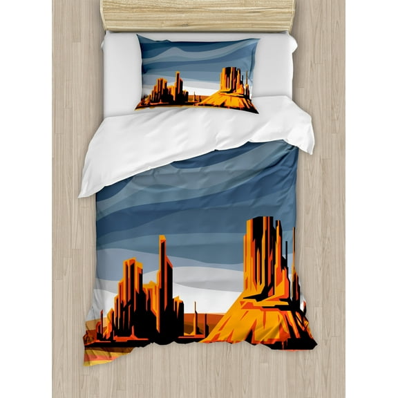 House Decor Twin Size Duvet Cover Set, Major Canyon Fantastic Shadows and Contrasts with Digital Added Dimesions, Decorative 2 Piece Bedding Set with 1 Pillow Sham, Blue Orange, by Ambesonne
