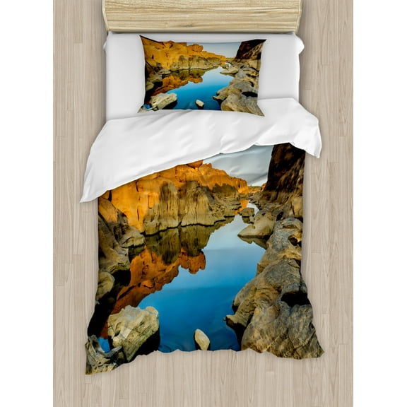 House Decor Twin Size Duvet Cover Set, Secret Small Ravine between Pairs of Cliffs Erosion of River Carved Scene, Decorative 2 Piece Bedding Set with 1 Pillow Sham, Blue Orange, by Ambesonne
