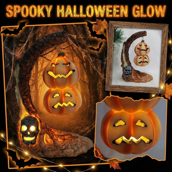 House Decorations Living Room Battery Operated Hanging Lantern Stacked Pumpkin Skull Stand Tabletop Accent Halloween Party Seasonal Decor