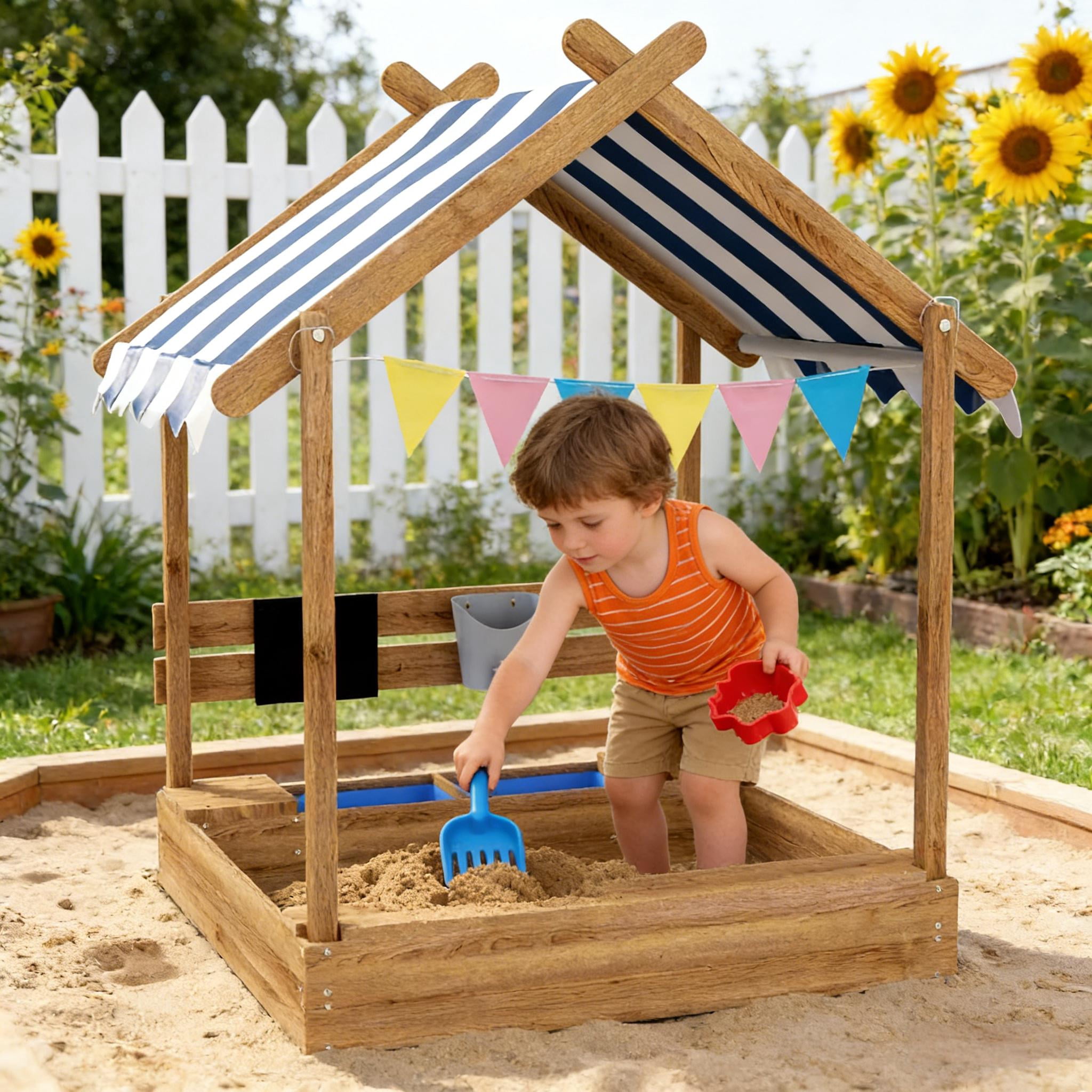 House Design Wooden Kids Sandbox with Weather-Resistant Canopy, Fir Wood Play Sandbox with Seats, Sink & Blackboard, Open Bottom Sand Pit for Backyard Outdoor Play, Ages 3-7