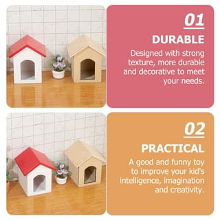 Miniature Dog House with Dog Bowl & Dog Food 1:12 Scale Dollhouse Furniture  Accessories Wooden Pet House Set Garden Scene Decoration Ornaments (Red)