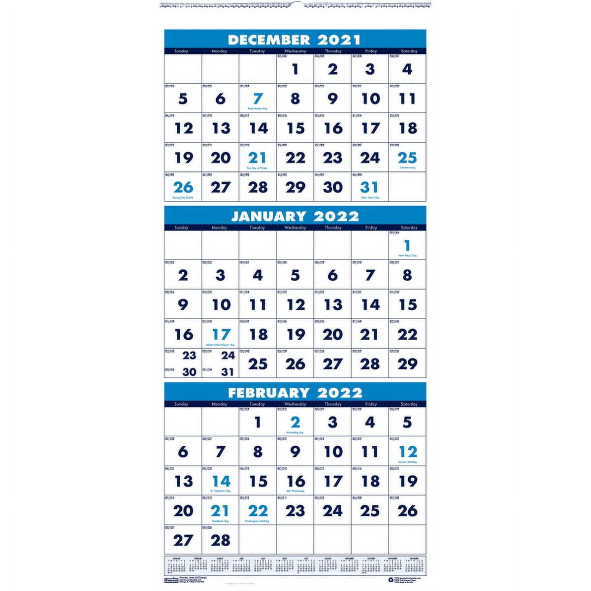 House of Doolittle Three-month Vertical Wall Calendar - Monthly - 1.2 Year - December 2021 till January 2023 - 3 Month Single Page Layout - 12 1/4" x 27" Sheet Size - Wire Bound - Blue - Paper - 26"