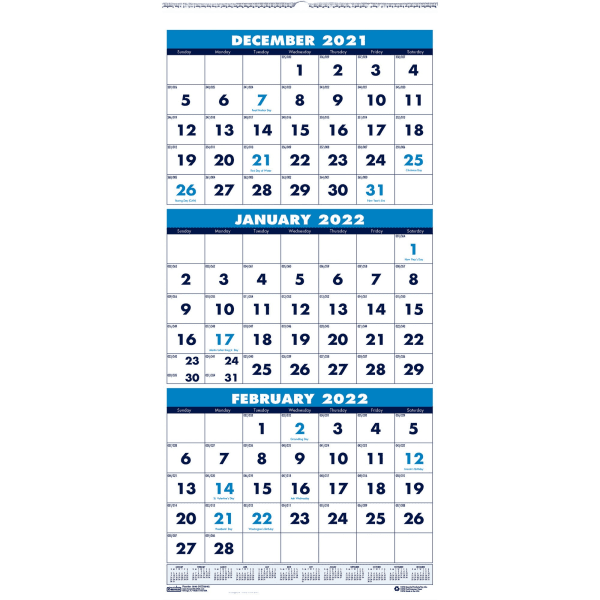 House of Doolittle Three-month Vertical Wall Calendar - Monthly - 1.2 Year  - December 2021 till January 2023 - 3 Month Single Page Layout - 12 1/4" x  27" Sheet Size - Wire Bound - Blue - Paper - 26" - Walmart.com