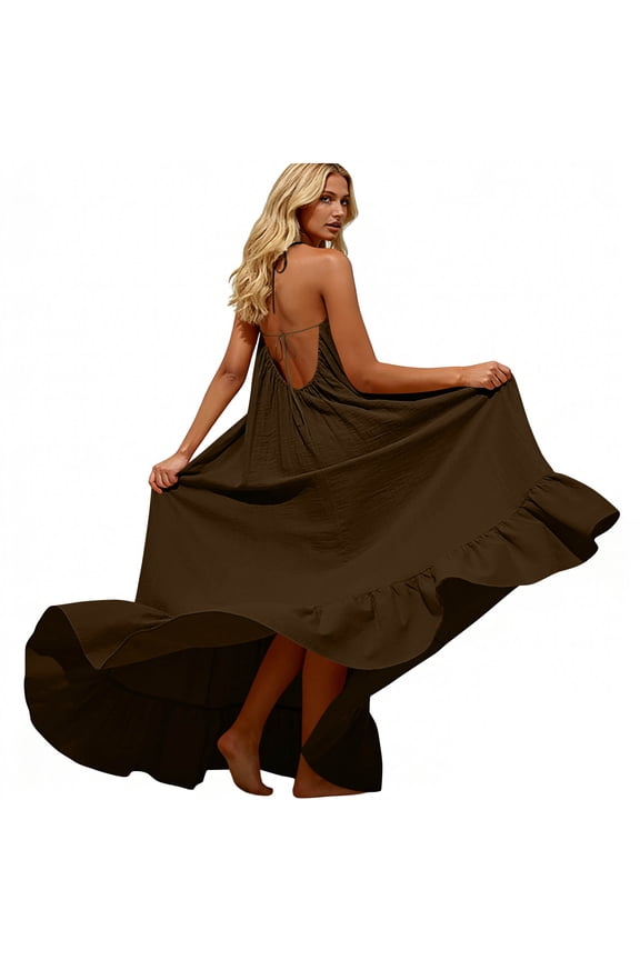 House Dress Sevevn Women's Backless Ruffle Maxi Dress Halter Neck Flowy Beach Cover Up Dress Brown L