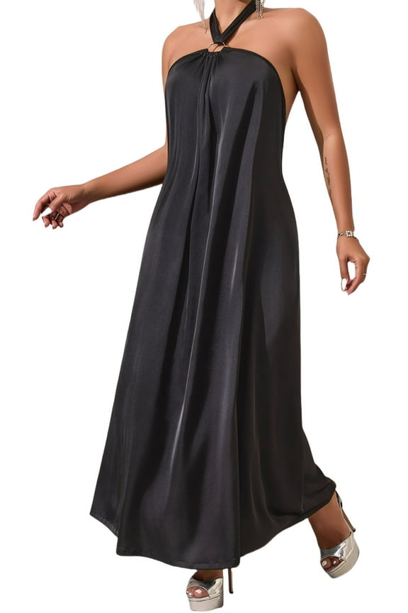 House Dresses for Women Silk Satin Nightgown Halter Long Sleepwear Pajama Backless Sleeveless Soft Comfort Nightwear Lingerie Black L