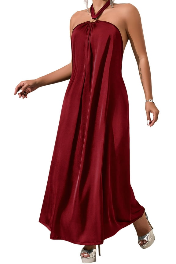 House Dresses for Women Silk Satin Nightgown Halter Long Sleepwear Pajama Backless Sleeveless Soft Comfort Nightwear Lingerie Red L