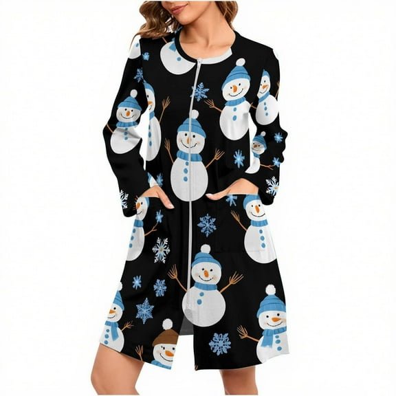 House Dresses for Women Zipper Front Housecoat Lightweight Duster Robe with Pockets Christmas Theme