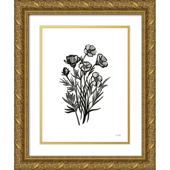 House Fenway 12x14 Gold Ornate Wood Framed with Double Matting Museum Art Print Titled - Pen and Ink Wildflower II