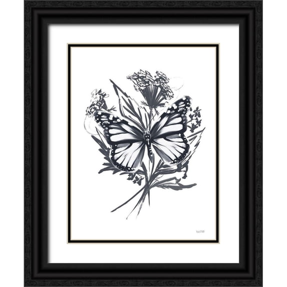 House Fenway 15x18 Black Ornate Wood Framed with Double Matting Museum Art Print Titled - Black And White Butterfly